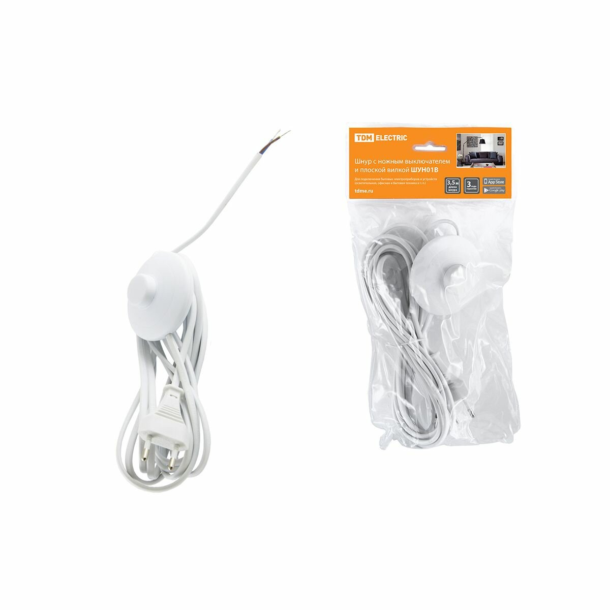 Шнур Tdm Electric ШУН01В ШВВП с ножным выключателем и плоской вилкой 2 на 075 мм 35 м белый