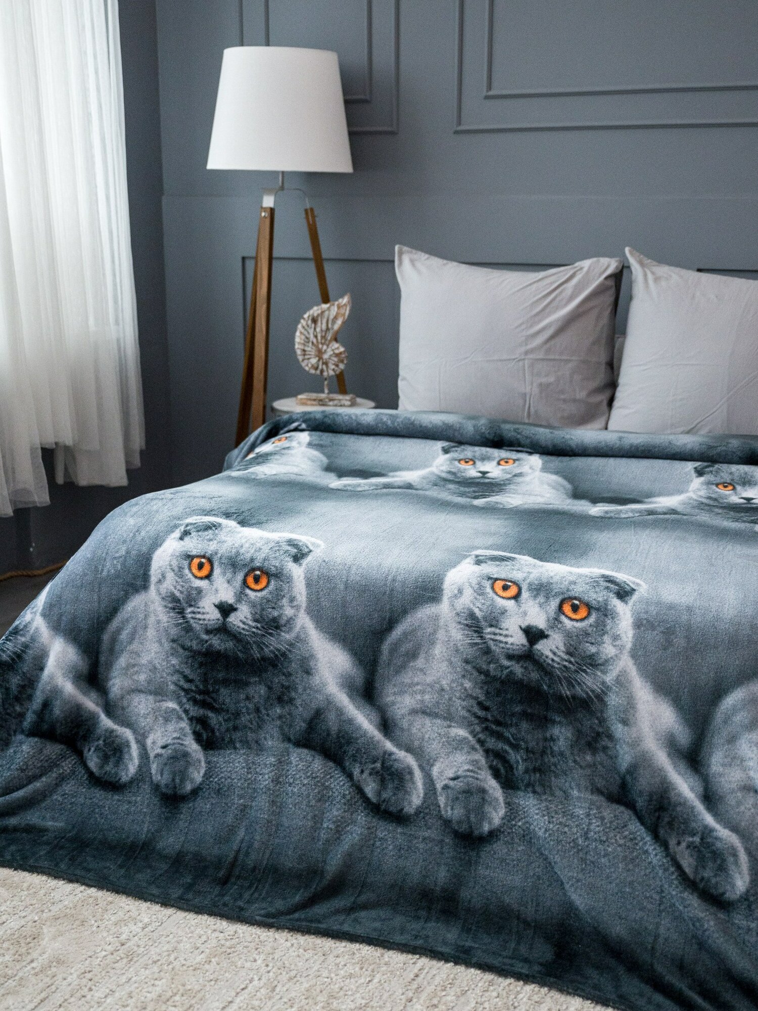 Плед 150х200 Павлина Кот шотландский шотландец серый велсофт — фото 1