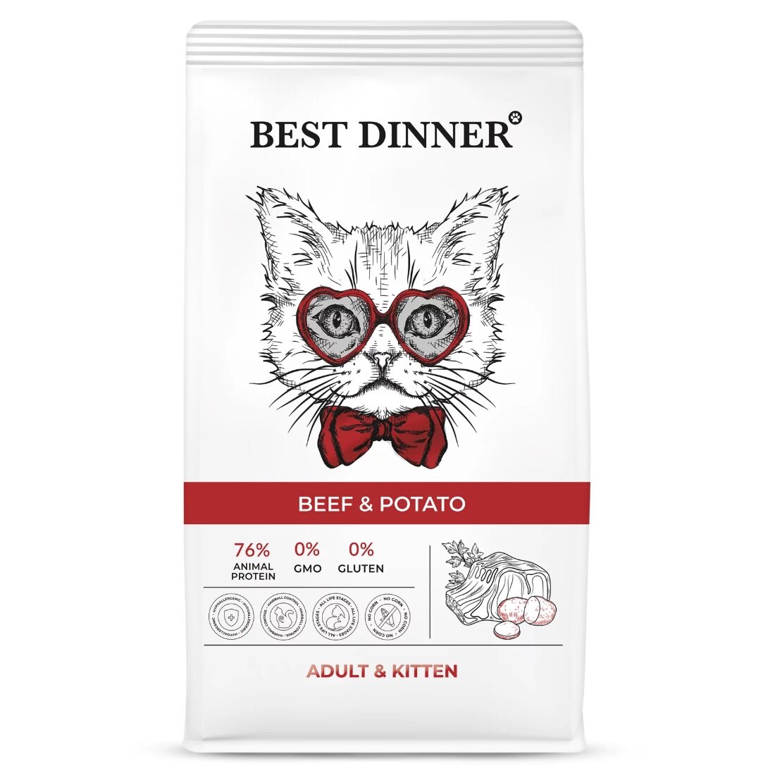 Best Dinner Adult & Kitten Сухой корм для котят с 1 месяца и взрослых кошек с Говядиной и картофелем 1,5 кг