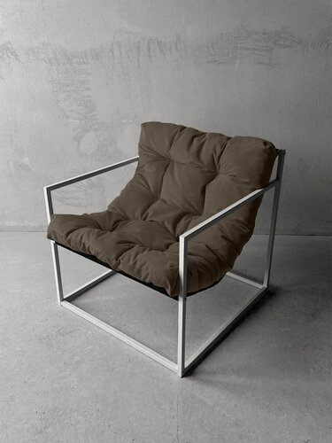 Изображение товара Кресло мягкое удобное для отдыха, уличное, на балкон, на веранду, в стиле лофт, минимализм, Комфи + велюр коричневый, белый металл