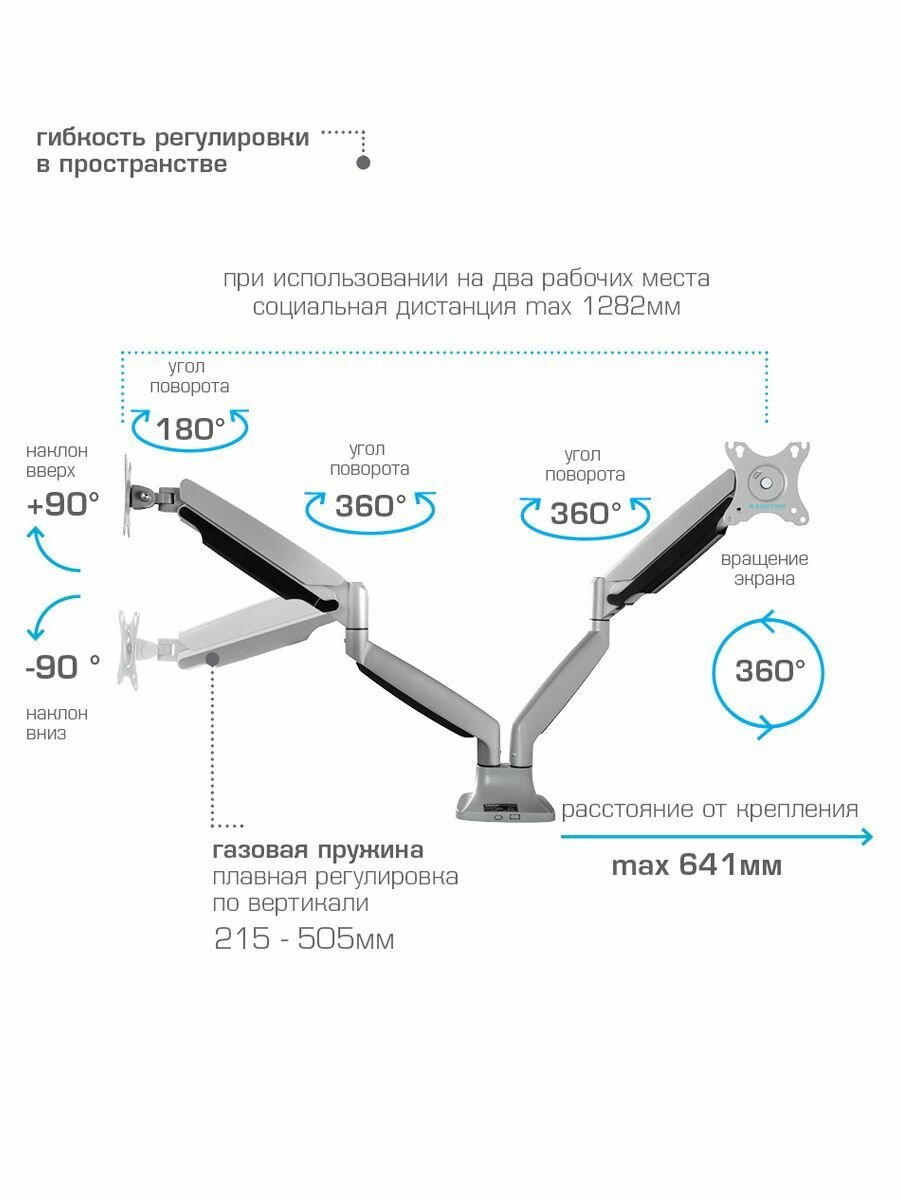 Кронштейн для двух мониторов настольный Kromax OFFICE-22 / до 35" / до 2x15 кг — фото 1