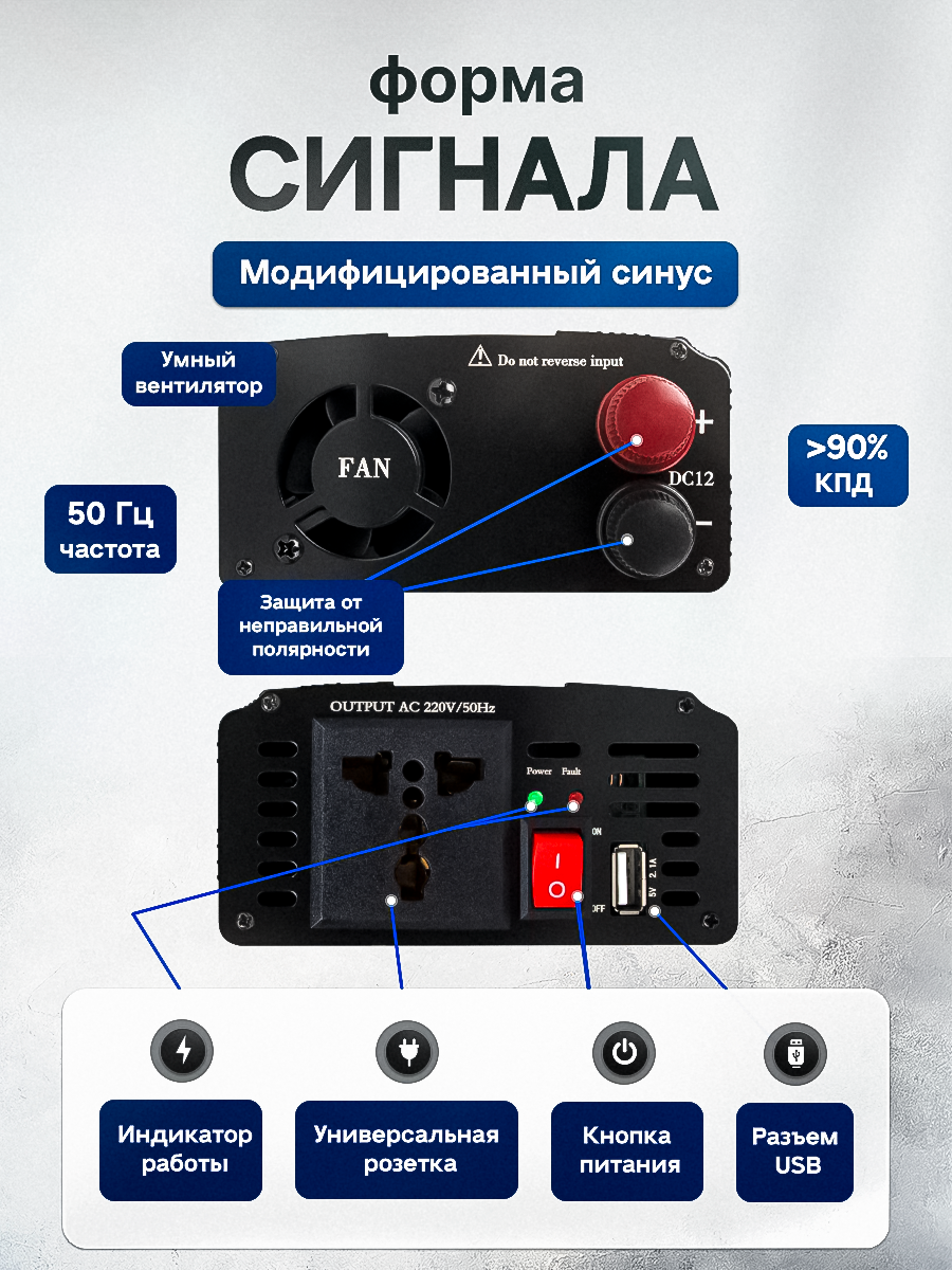 Инвертор автомобильный, преобразователь напряжения 12/220, 1500 W — фото 1