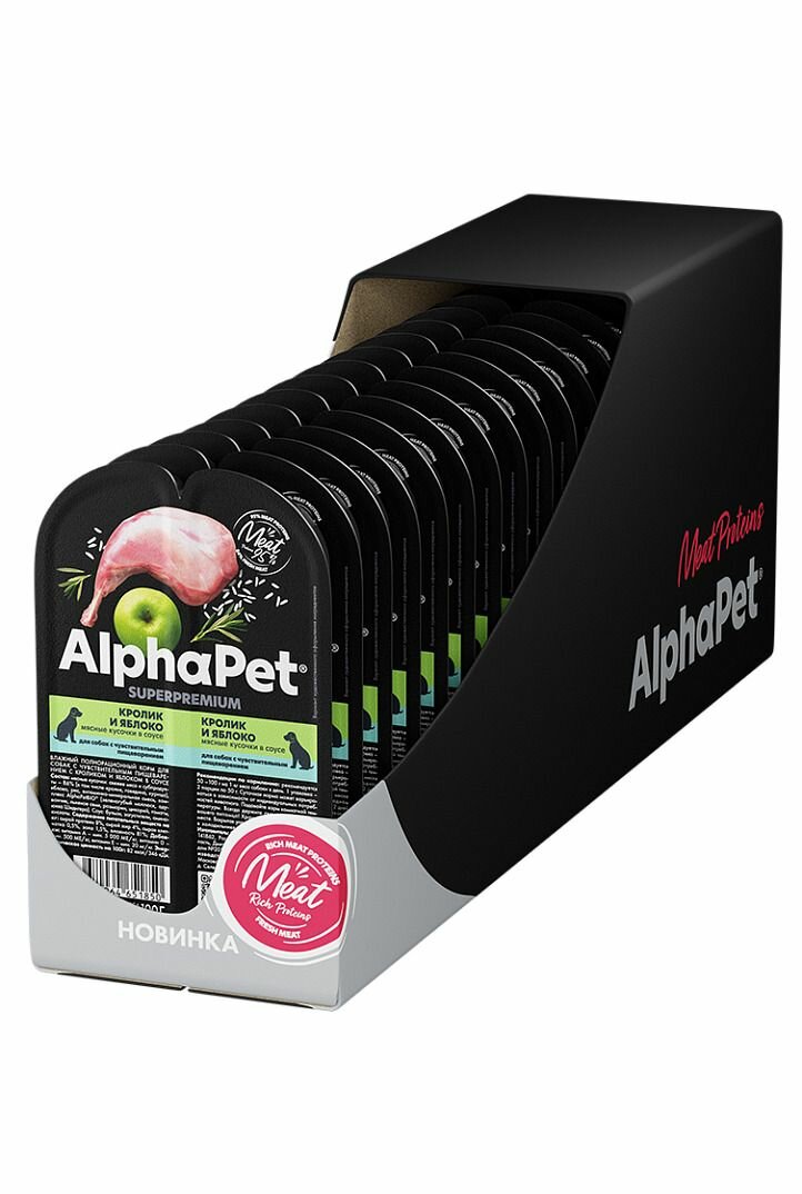 ALPHAPET SUPERPREMIUM пауч для собак с чувствительным пищеварением ломтики в соусе Кролик и яблоко100г (15 штук)