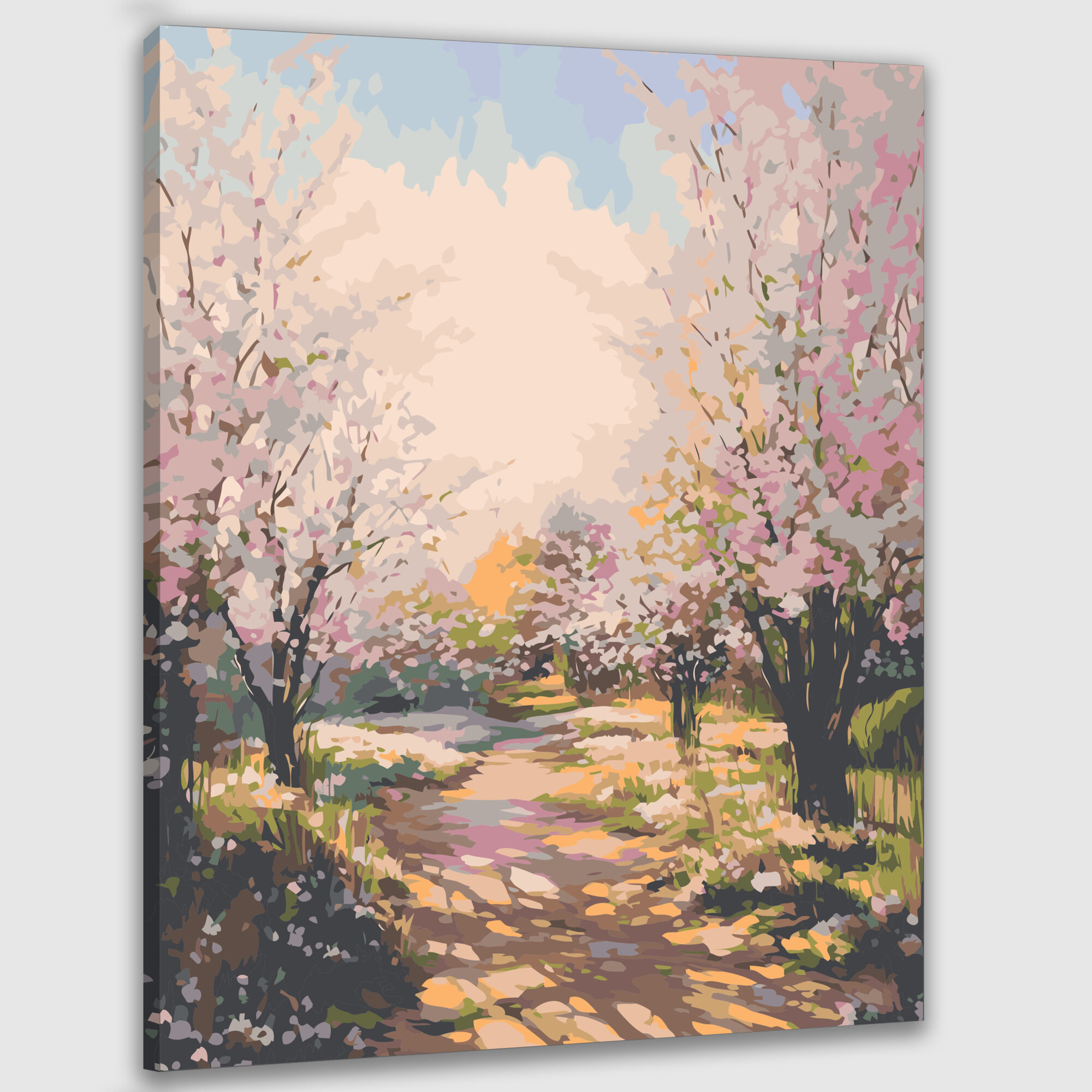 Картина по номерам 40x50 см, картина, импрессионизм, масло, утро, сцена, сад, вишневый, розовый, белый, лепестки, ветви
