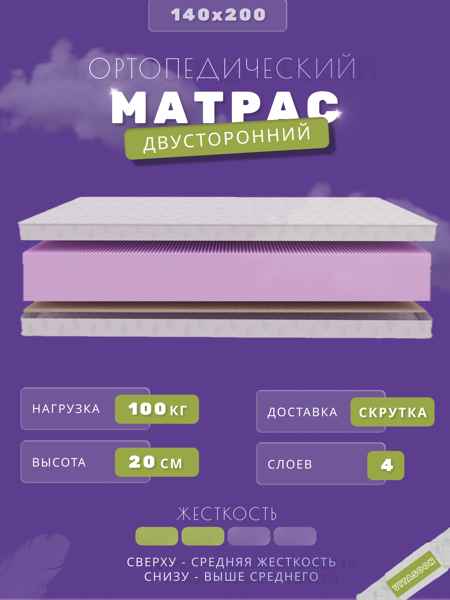 Матрас беспружинный 140х200 см VitaSoon ComfortRoll 20 Ck, ортопедический, полуторный, с кокосом, ППУ, разная жесткость, в рулоне