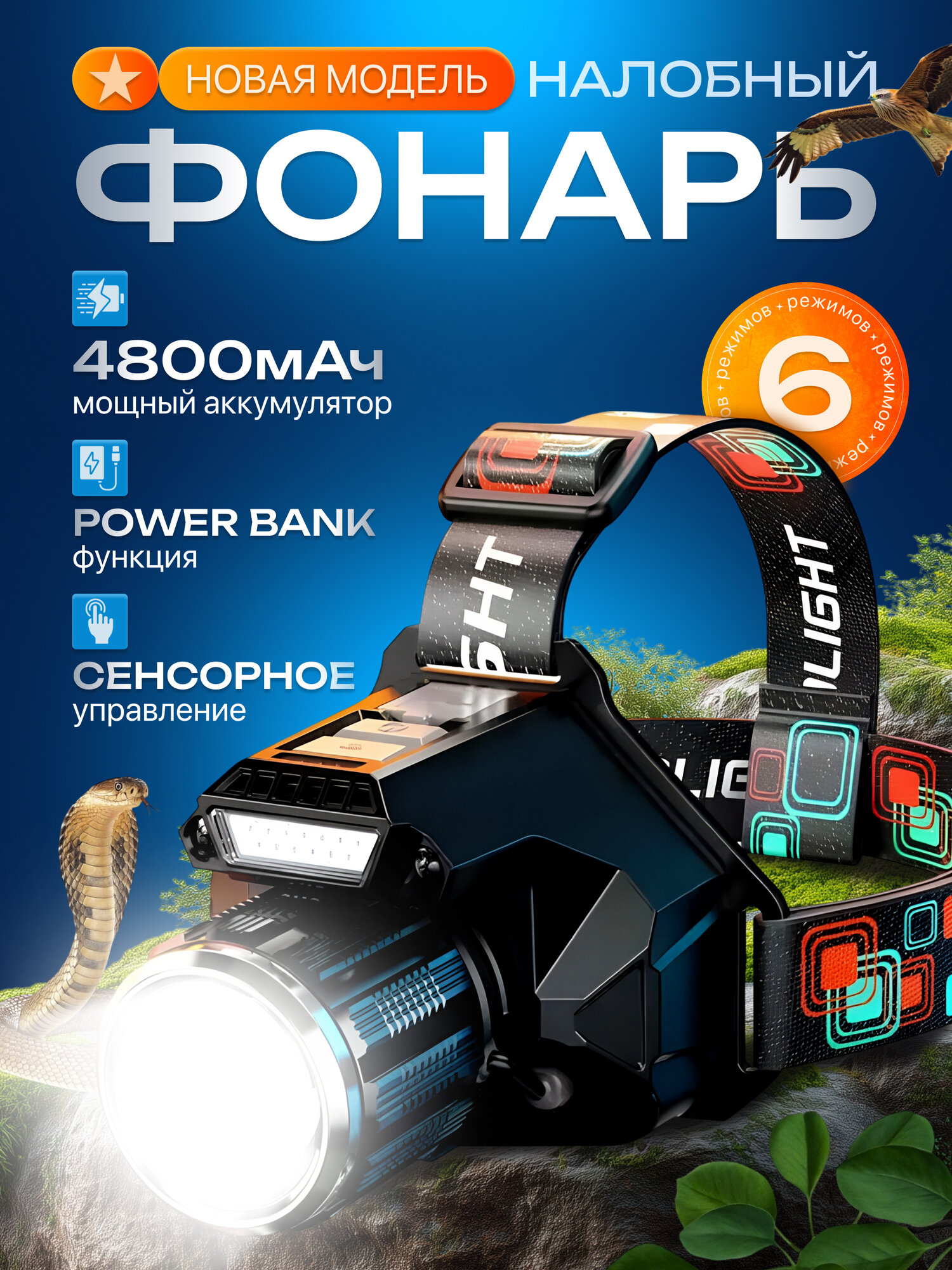 Фонарь налобный туристический аккумуляторный светодиодный мощный