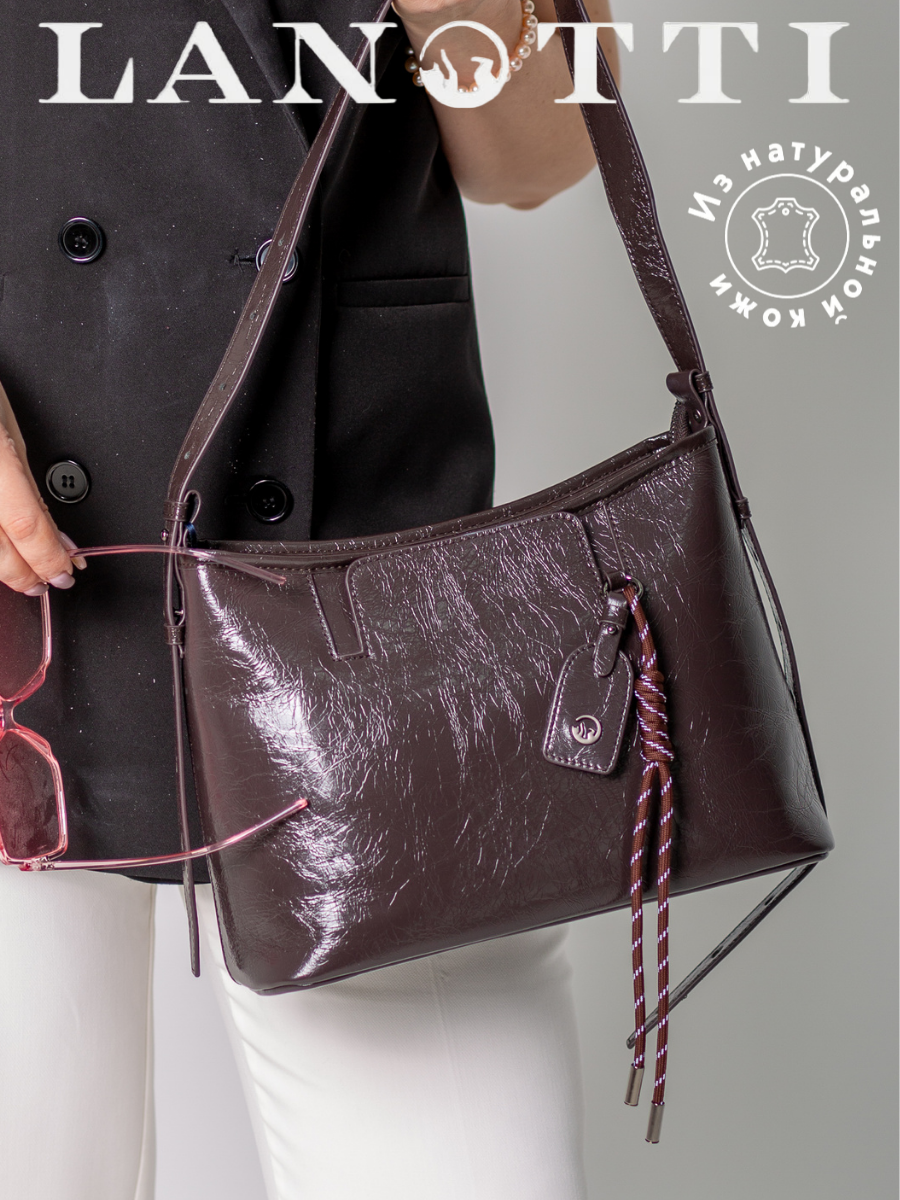 Сумка кросс-боди LANOTTI, фактура лаковая, гладкая, коричневый1