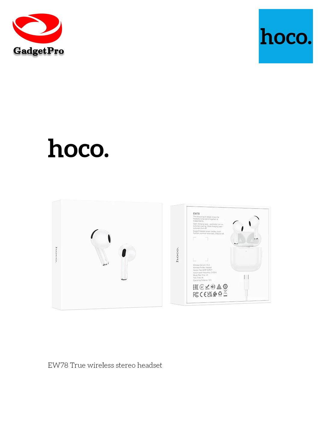 Беспроводные наушники Hoco EW78 (4) TWS: Bluetooth 5.3, сенсорное управление, быстрая зарядка, стильный дизайн.