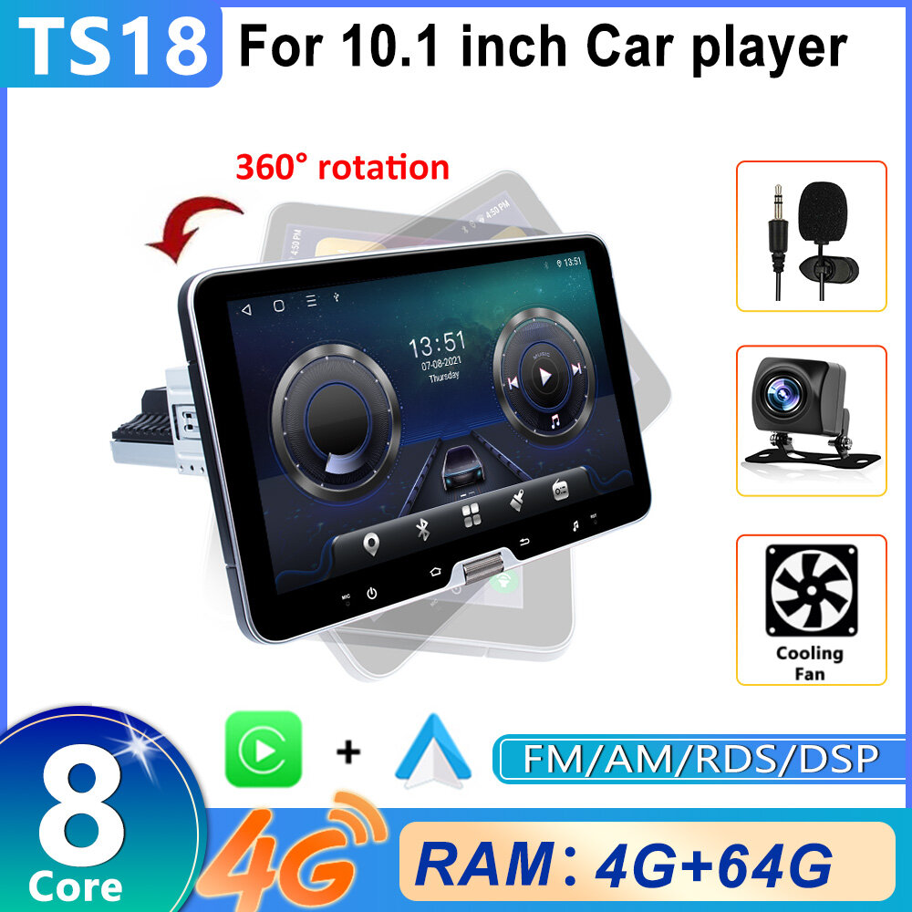 Автомагнитола 1din 10.1 дюйм на Android с на 360 градусов поворотным экраном (4+64 Гб, 4G, Carplay, WiFi, Bluetooth, ) TS18-8core