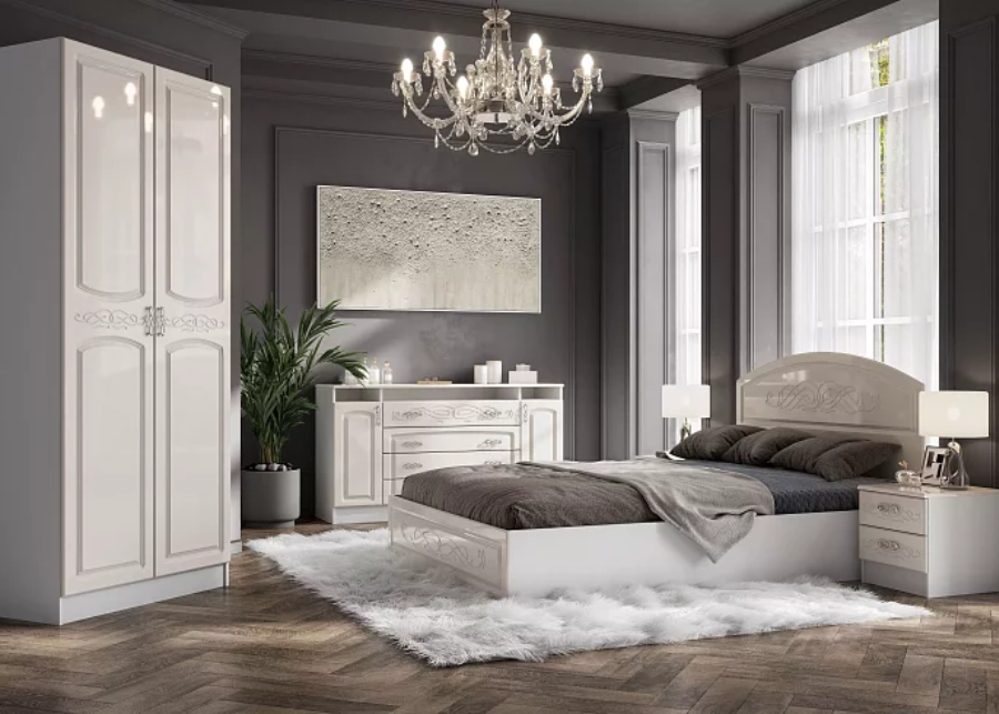 Спальня Венеция DIVANO (кровать+шкаф+комод+прикроватные тумбы) модульная (белый/жемчуг) дизайн 5