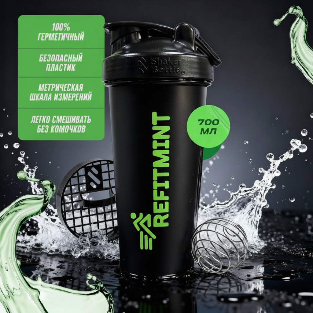 Шейкер Зеленый REFITMINT (700 мл) для спортивного питания, для протеина, с мерной шкалой — фото 1