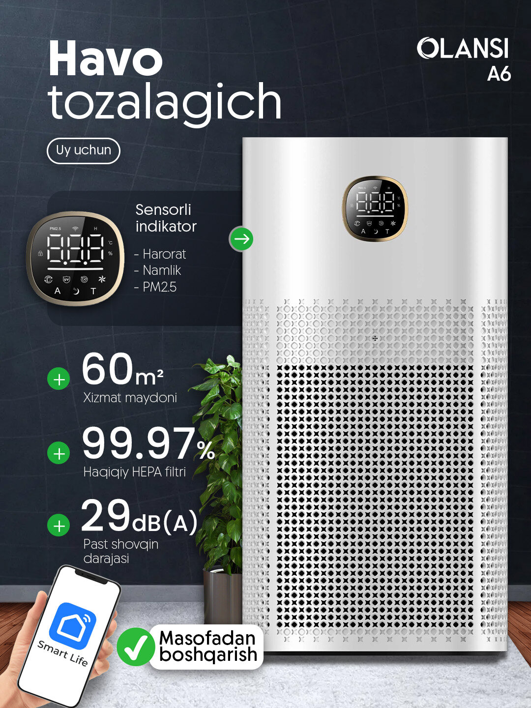 Очиститель воздуха OLANSI A6 60м², 520 м³/час, оригинальный HEPA-фильтр, умный Wi-Fi, пульт управления, 50Вт, белый