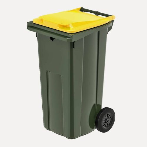Изображение товара Контейнер для мусора 120 л на колесах, зеленый с желтой крышкой
