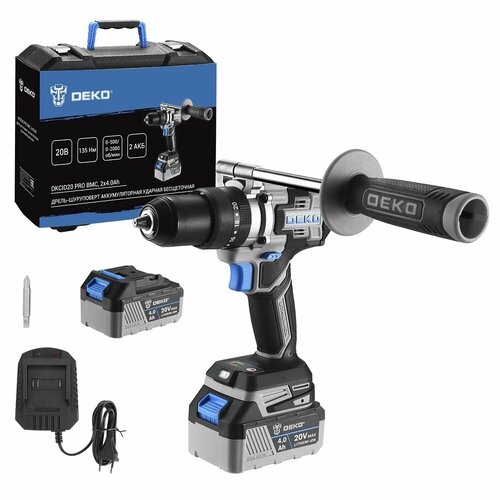 Дрель-шуруповерт аккумуляторная ударная бесщеточная DEKO DKCID20 PRO в кейсе 20В 135 Нм 2x40Ач 26890₽