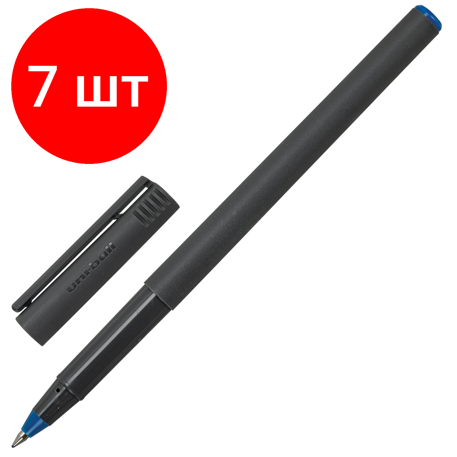 Комплект 7 шт, Ручка-роллер Uni-Ball II Micro, синяя, корпус черный, узел 0.5мм, линия 0.24мм, UB-104 Blue