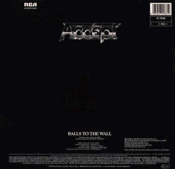 Виниловая пластинка ACCEPT · BALLS TO THE WALL -HQ- · LP