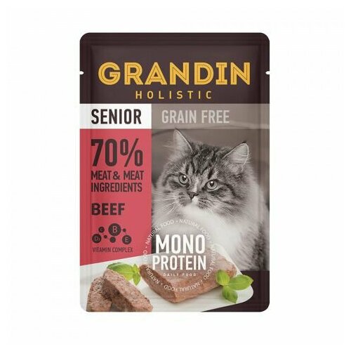 Grandin Senior Grain free Monoprotein Влажный корм для пожилых кошек, патэ из нежного мяса говядины в желе, 85 гр, 12 шт корм для кошек animonda rafin soup коктейль из говядины мяса гуся и яблок конс 100г