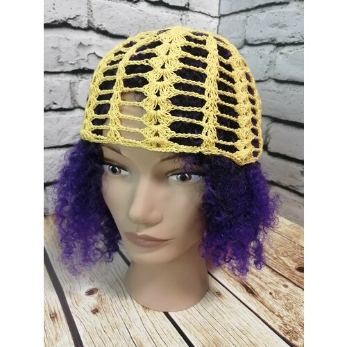 фото Шапка бини шапочка летняя ажурная сетка, размер 60, желтый нет бренда