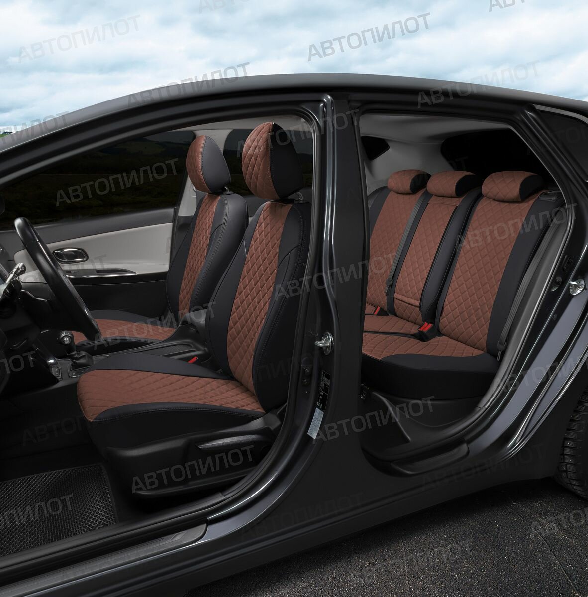 Чехлы для Киа К5 (2020-2024) / Премиум авточехлы на сиденья KIA K5, черный с темно-коричневой вставкой