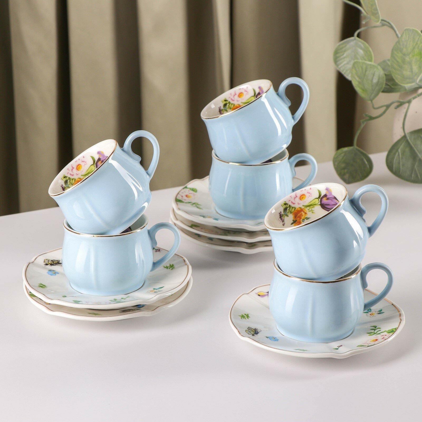 Набор посуды «Сирена», чайный сервиз: 6 чашек 100 мл, 6 блюдец d=12 см, в подарочной коробке, цвет голубой