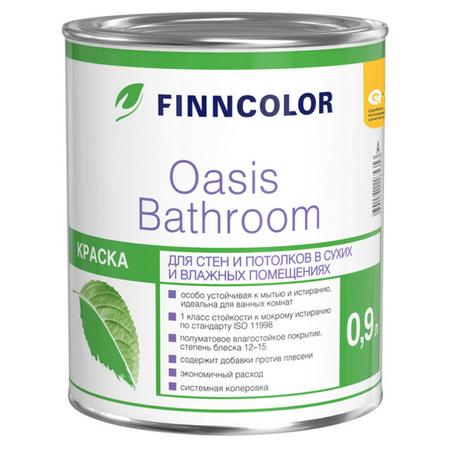 Краска акриловая finncolor oasis bathroom база a для стен и потолков 0,9л белая, арт.700009647