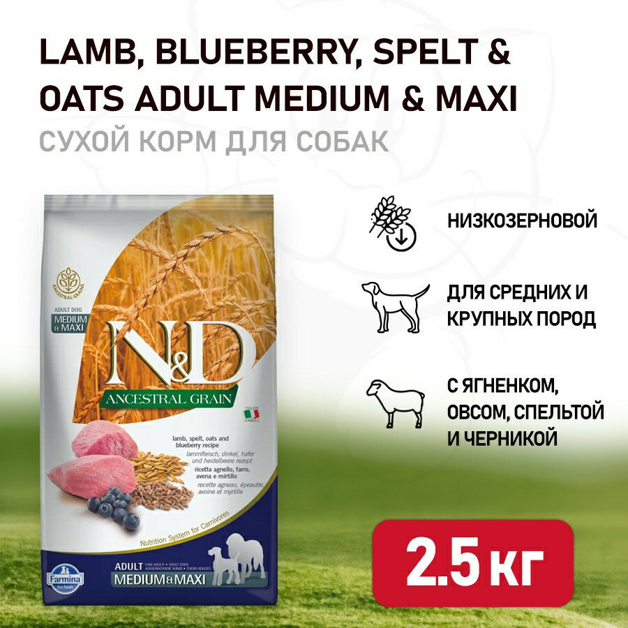 Farmina N&D Ancestral Grain Dog Lamb Blueberry Adult Medium & Maxi сухой низкозерновой корм для взрослых собак средних и крупных пород с ягненком и черникой - 2,5 кг