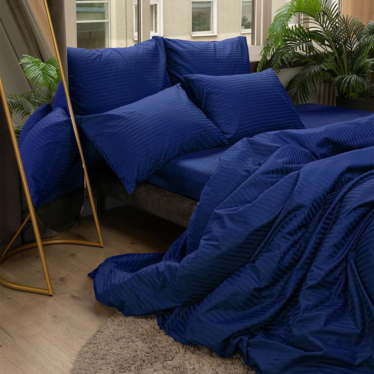 Комплект постельного белья Евро размер Monocolor Страйп сатин 100% хлопок / 4 наволочки /синий /премиум качество