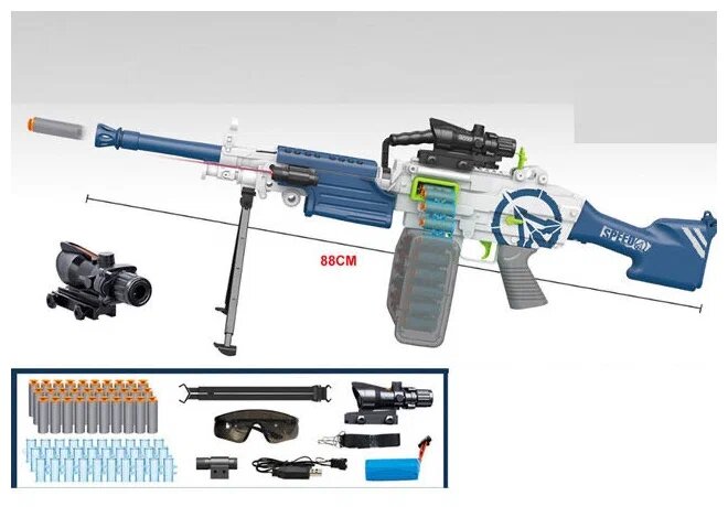 Игрушечный Электропневматический Бластер-Пулемёт M249 Para с оптическим и лазерным прицелом (АКБ, гильзы, мягкие пули Nerf Blaster)