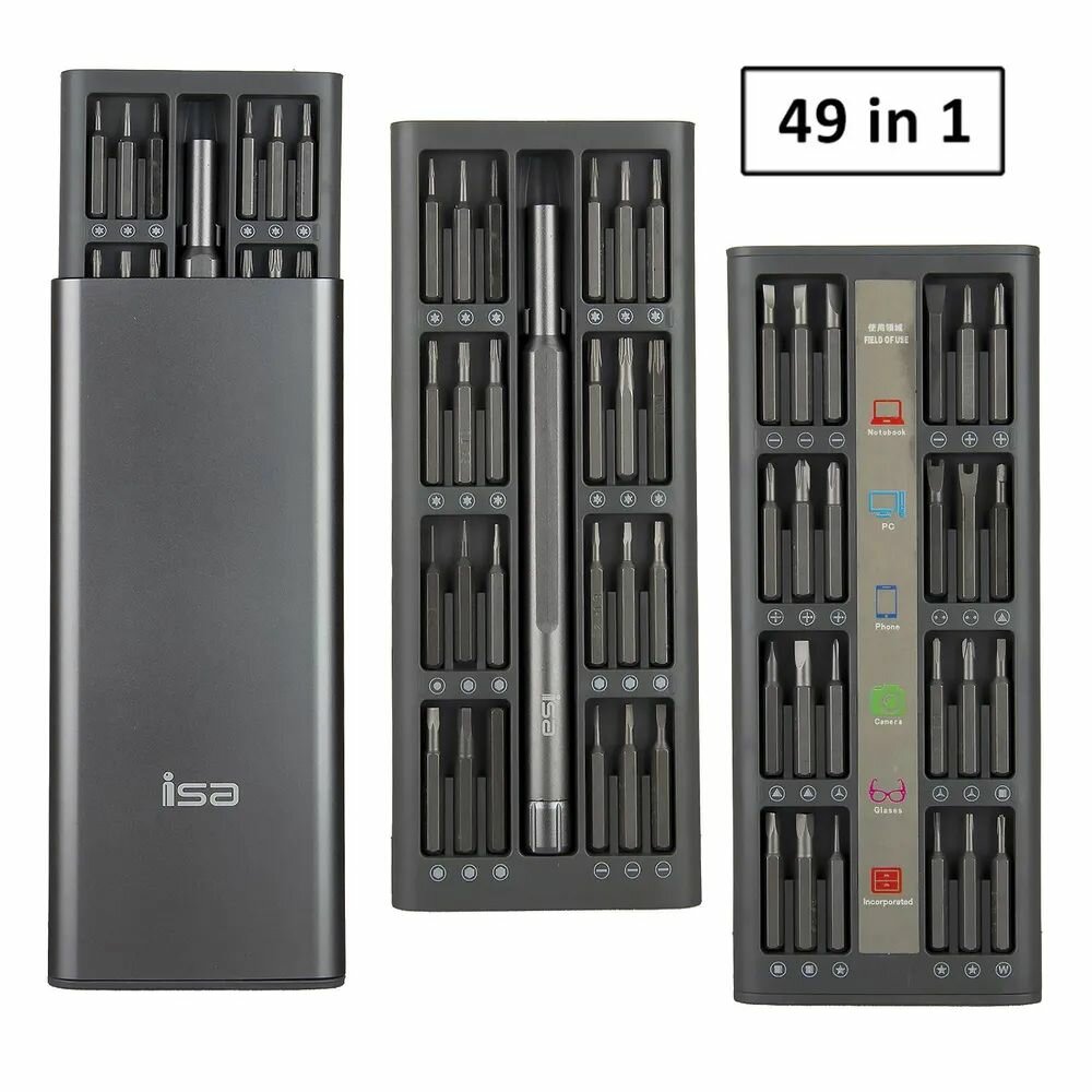 фото Набор отверток 49 в 1 для точных работ с магнитными насадками в алюминиевом кейсе для телефона, планшета, ноутбука