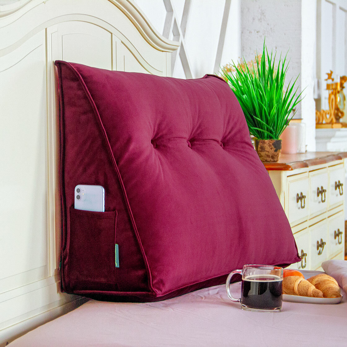 Большая клиновидная подушка для чтения мягкое изголовье для кровати королевский бархат Марсала 80х25х50 см