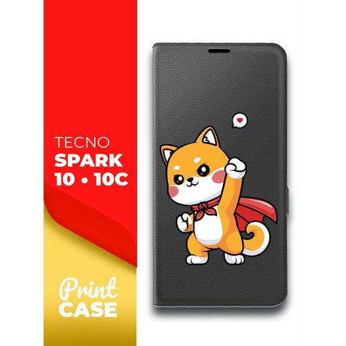 Чехол на Tecno Spark 10/ 10C (Техно Спарк 10/10С) черный книжка эко-кожа отделение для карт и магнитами Book case, Miuko (принт) Котик Супермэн чехол на tecno spark 10 10c техно спарк 10 10с синий книжка эко кожа подставка отделение для карт и магнитами book case miuko принт тигр в короне