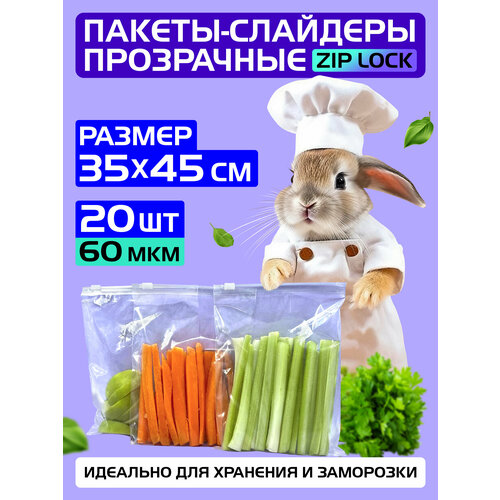 Пакеты слайдеры прозрачные с Zip lock бегунком 35х45 см для хранения и заморозки, 60 мкм. Комплект 20 штук.