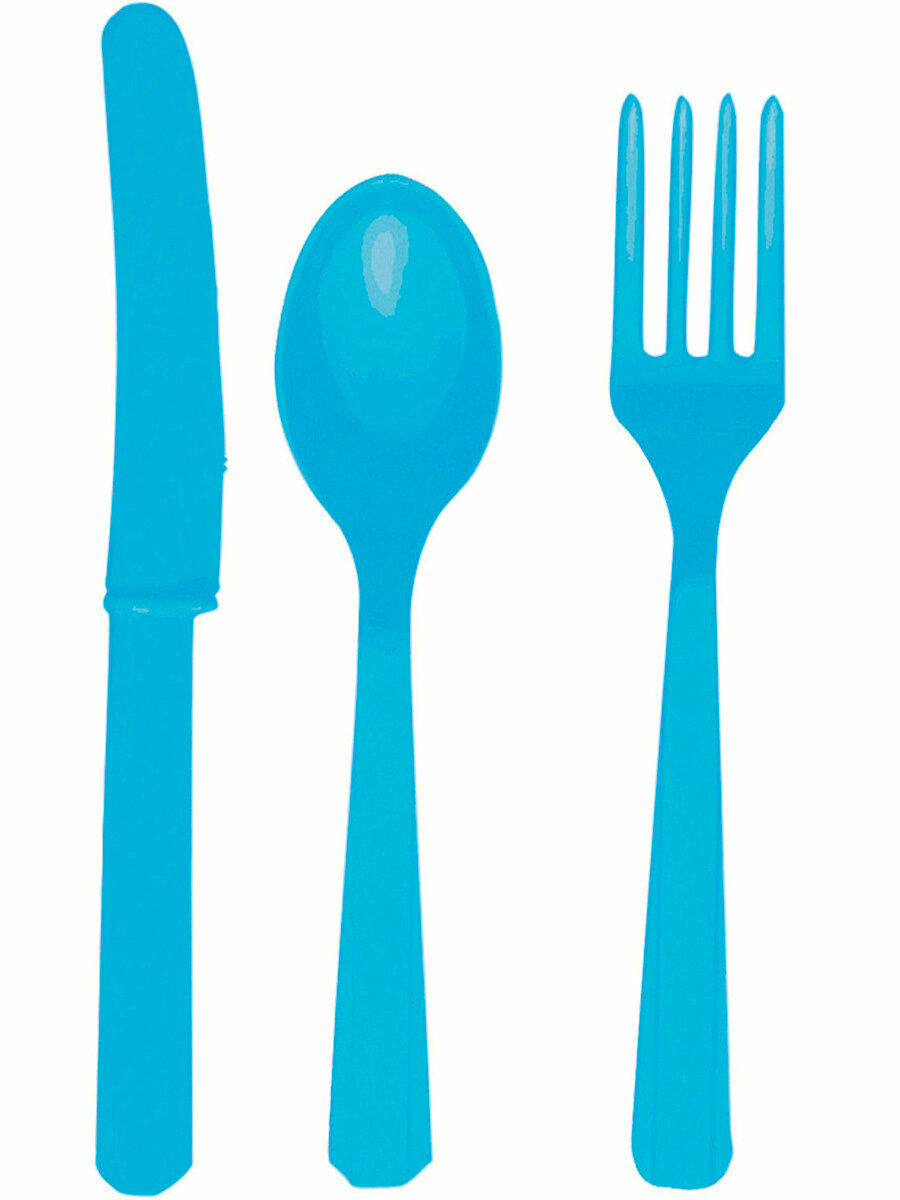 Прочные пластиковые приборы карибско-голубые: вилка, нож, ложка, 24 шт