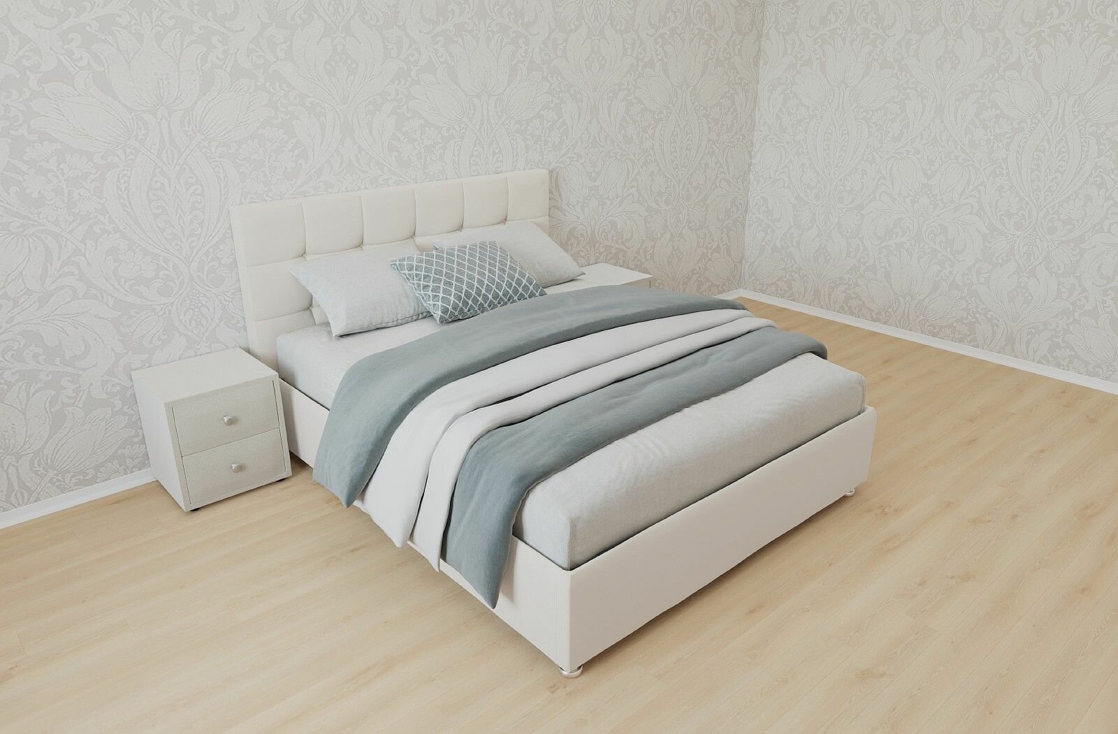 Двуспальная кровать Афина с матрасом 180x200 с подъемным механизмом и с коробом для белья велюр белый ножки 5 см