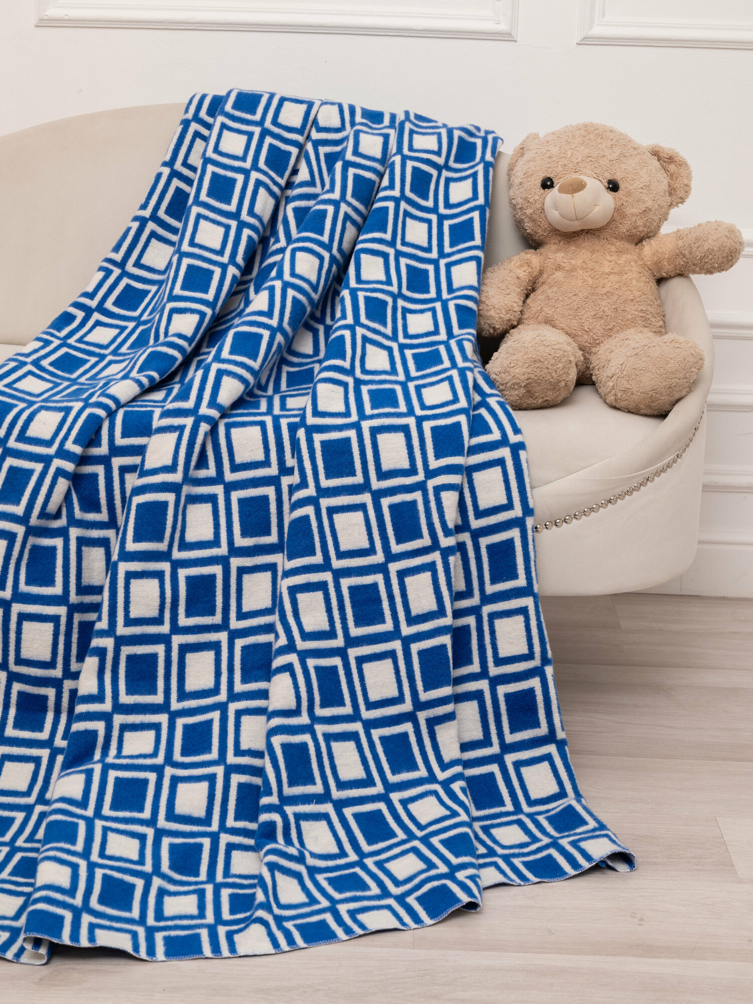 Одеяло байковое 1,5 спальное (140*200см), синее, клетка - фотография № 10