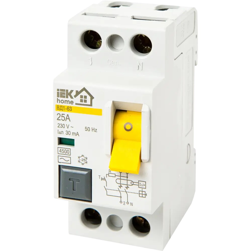 фото УЗО IEK Home ВД1-63 1P N 25 А 30 мА 4.5 кА AC MDV13-2-025-030