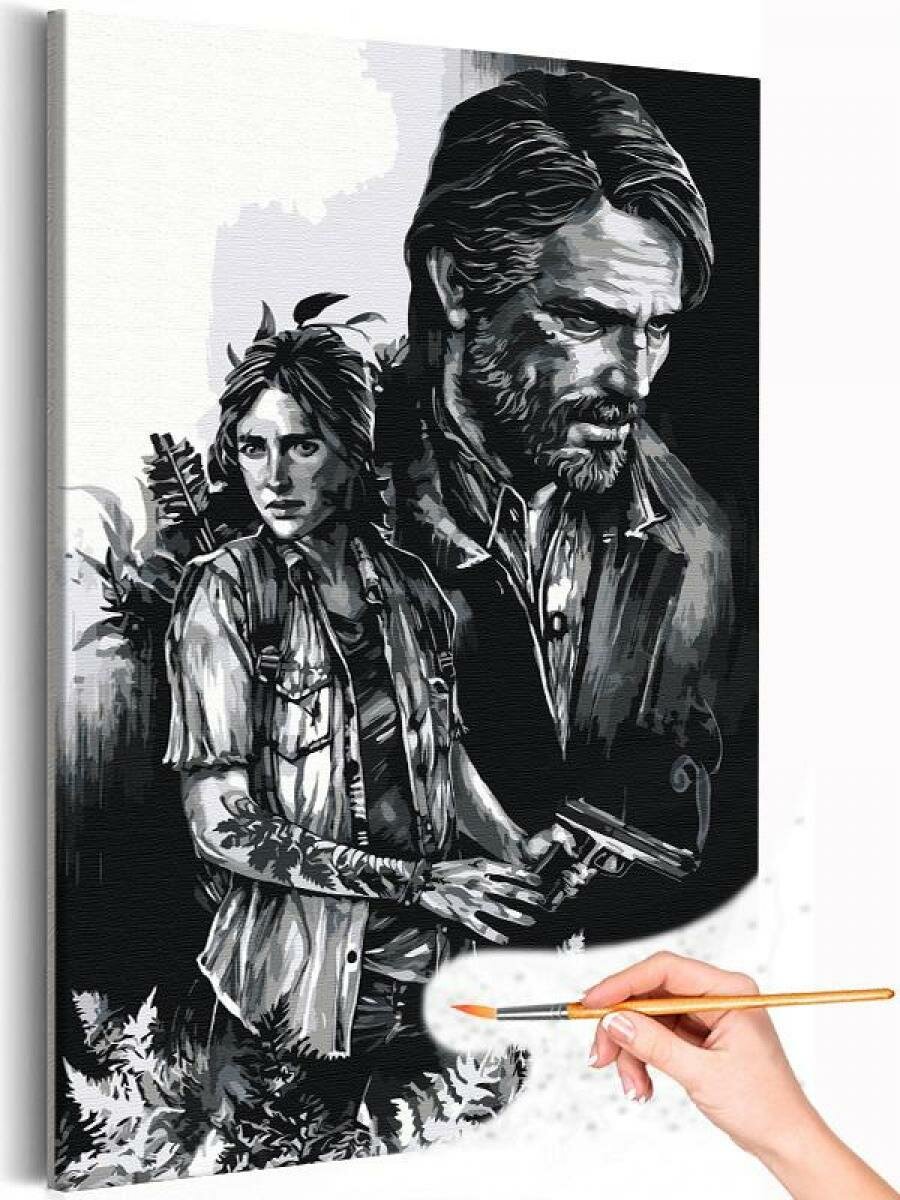 The Last of Us - Элли и Джоэл Герои Последний из нас Сериалы Кино Игра Люди Черно-белая Раскраска картина по номерам на холсте 40х60