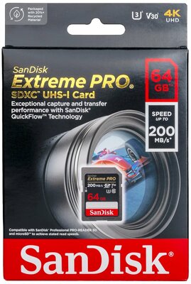 Карта памяти SanDisk Extreme PRO SDXC 64 ГБ Class 10 UHS-I U3 V30 (R/W 200/90 Mb/s)