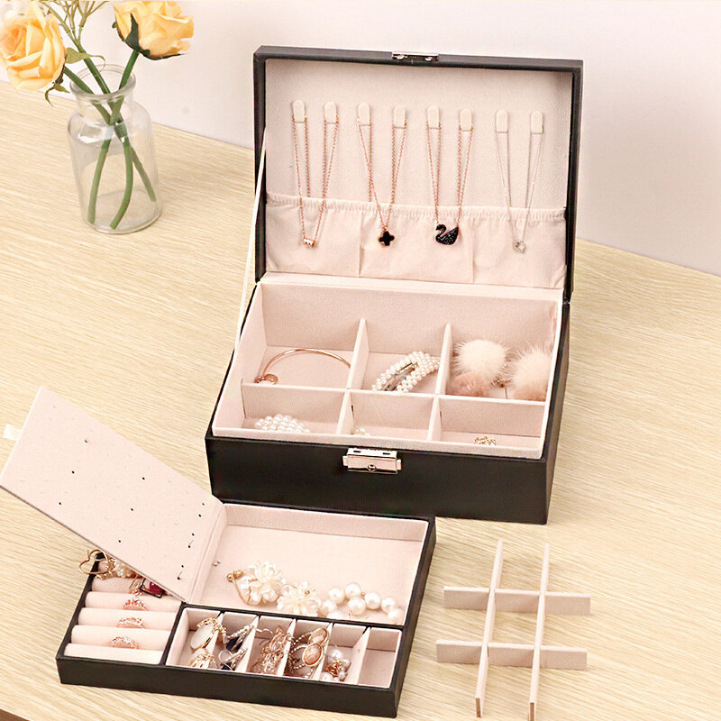 фото Шкатулка для украшений большая, с двойным дном, для сережек, колец плешоп, черный, 23х17х8,5 см