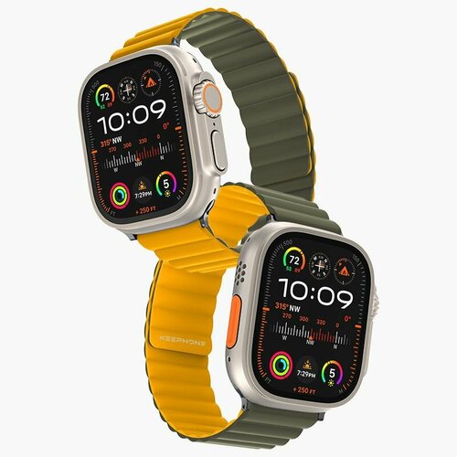 Ремешок для iWatch 49/45/44/42 mm Keephone iBands, Silicone Magnetic Snap/ Силиконовый ремешок для iWatch / Темно-серый, Желто-зеленый