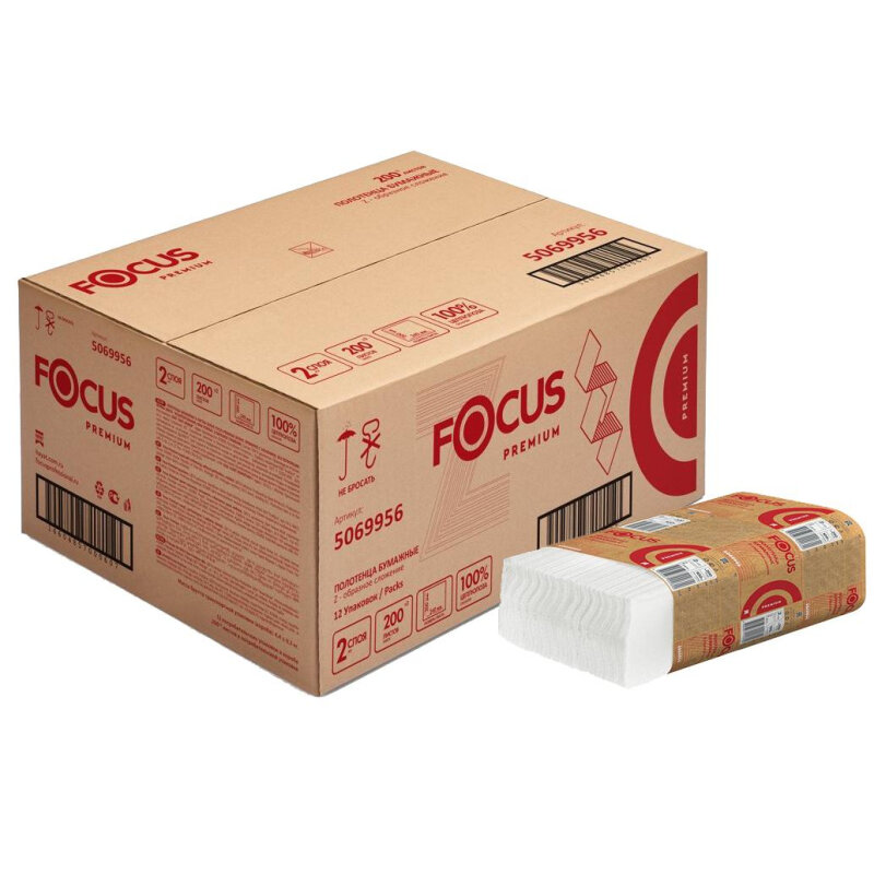 Полотенца бумажные д/дисп. FOCUS PremiumZсл 2сл бел цел200л12пач/уп 5069956, 1 шт.