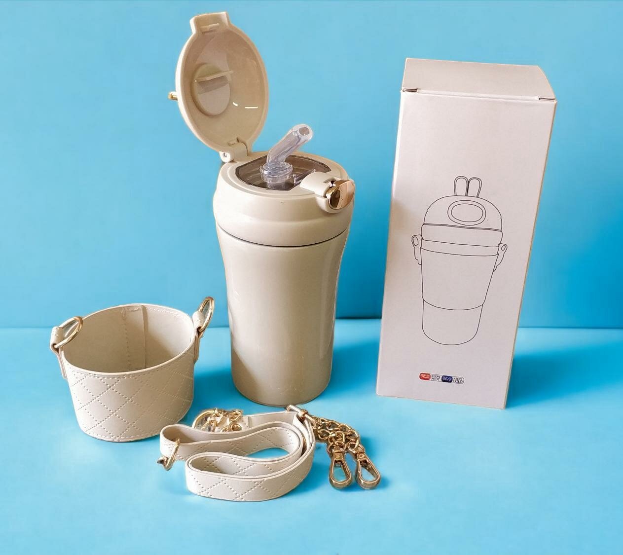 фото Термос сумочка поилка непроливашка с ушками 400 мл кремовый