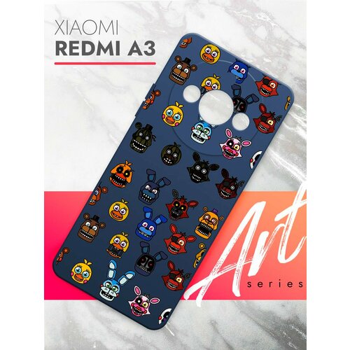 Чехол на Xiaomi Redmi A3 (Ксиоми Редми А3) синий матовый силиконовый с защитой (бортиком) вокруг камер, Brozo (принт) Аниматроник Паттерн чехол на xiaomi redmi a3 ксиоми редми а3 синий матовый силиконовый с защитой бортиком вокруг камер brozo принт котик в клубнике