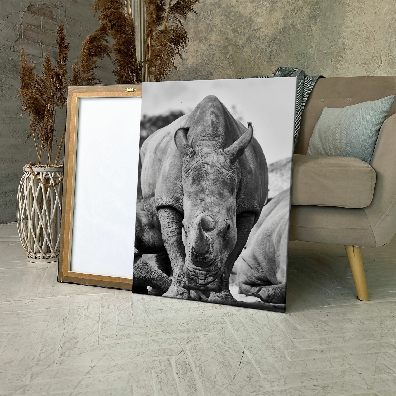 Картина на холсте (Носорог и детеныш носорога лежат) 40x60 см. Интерьерная, на стену.