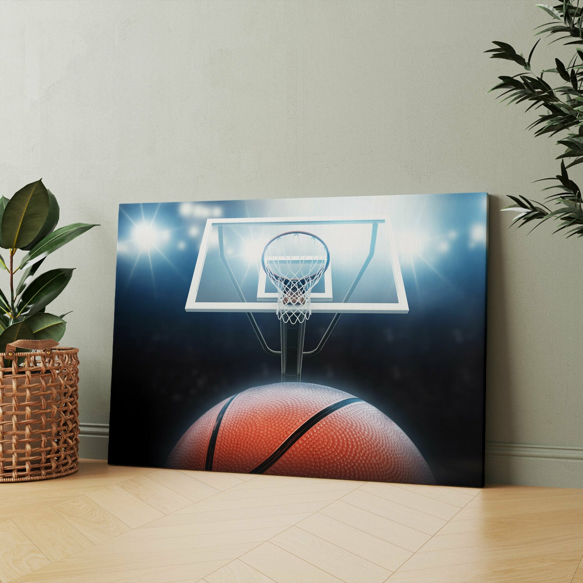 Картина на холсте "Баскетбольный мяч проходит через кольцо на баскетбольной площадке" 50x70 см. Интерьерная, на стену.