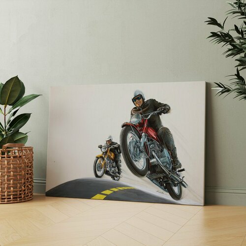 Картина на холсте Рисунок мужчины на мотоцикле и другого человека на мотоцикле 20x30 см Интерьерная на стену 869₽