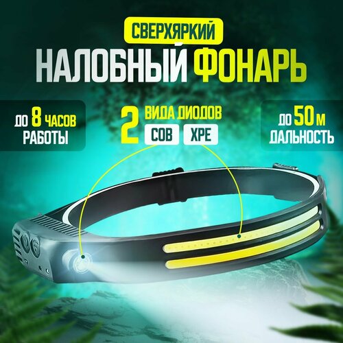 Налобный фонарь аккумуляторный светодиодный, сенсорное управление, с USB зарядкой