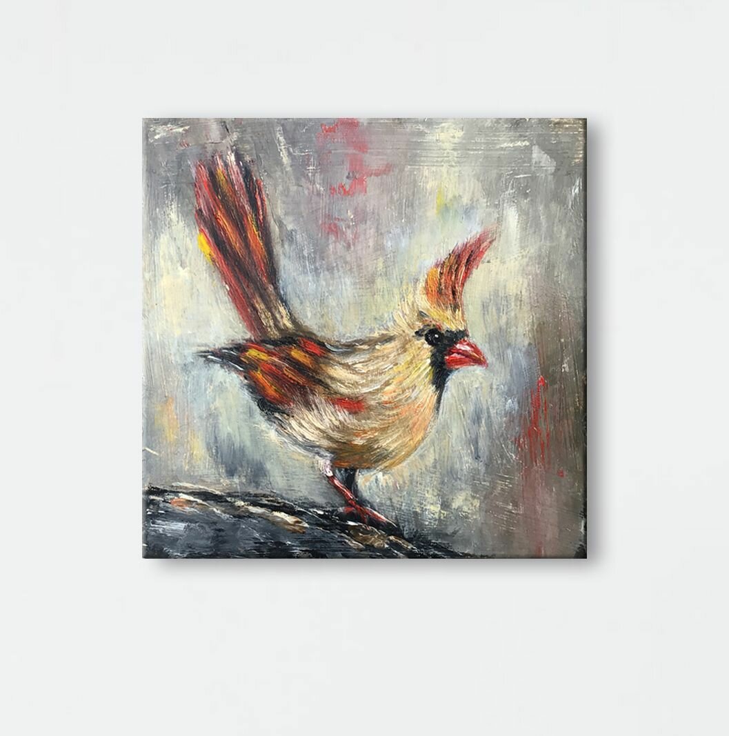 Картина маслом "Птица Кардинал", 15х15 см, ручная работа