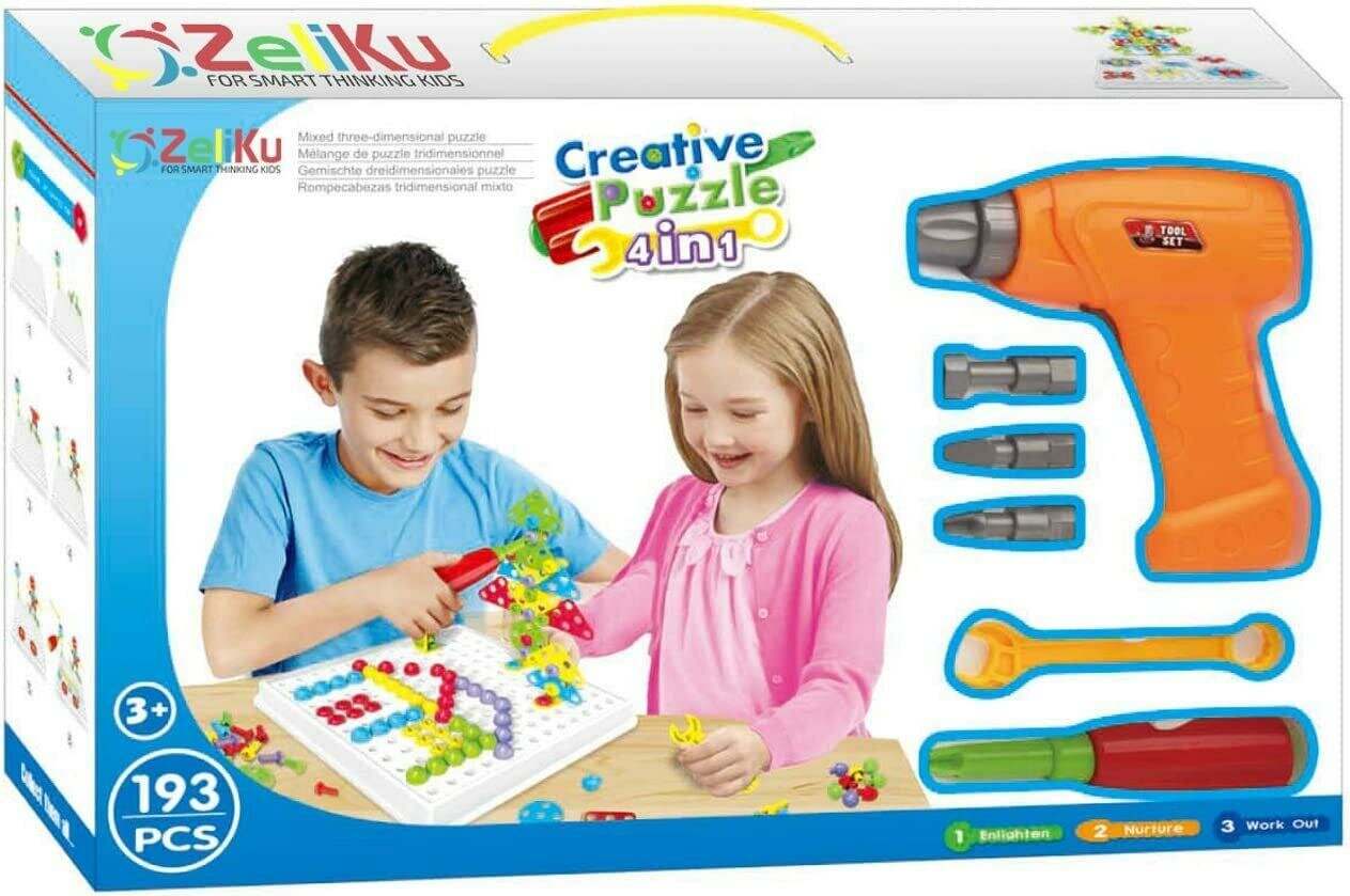 фото Конструктор-мозаика КНР "Creative Puzzle", 4 в 1, 193 детали, с шуруповертом, в коробке (TLH-05)