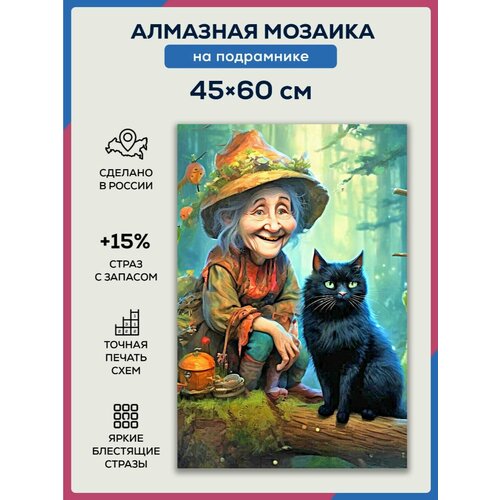 Алмазная мозаика 45x60 Баба Яга с котом на подрамнике